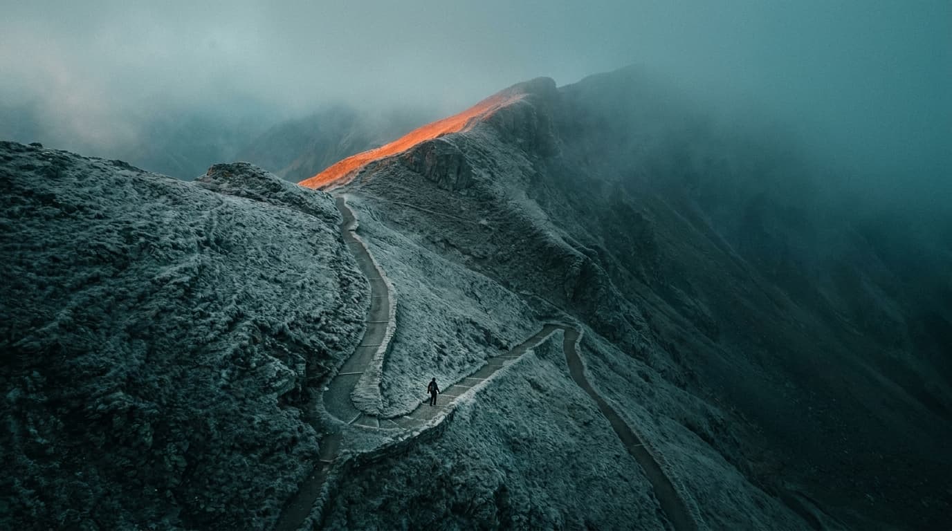 Serpentinen-Bergpfad steigt im Morgenlicht zum Grat